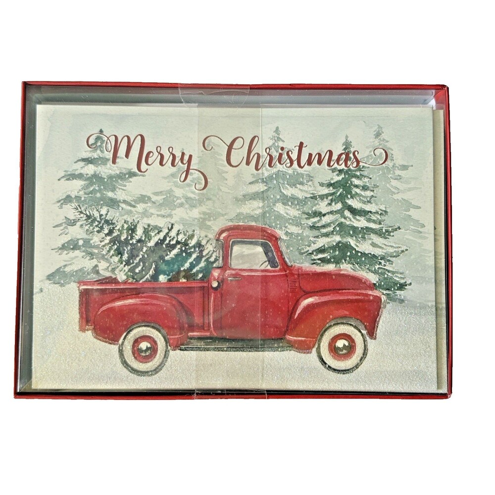 Punch Studio Christmas Cards Box Of 15 Red Farm Truck Christmas Tree Embellished